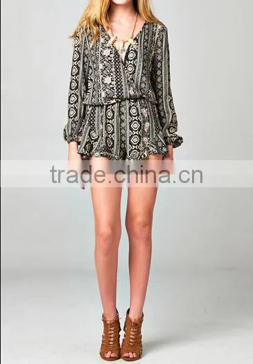 2014 Long loose sleeve print pattern casual wrap ruffle romper jumpsuit for American street women