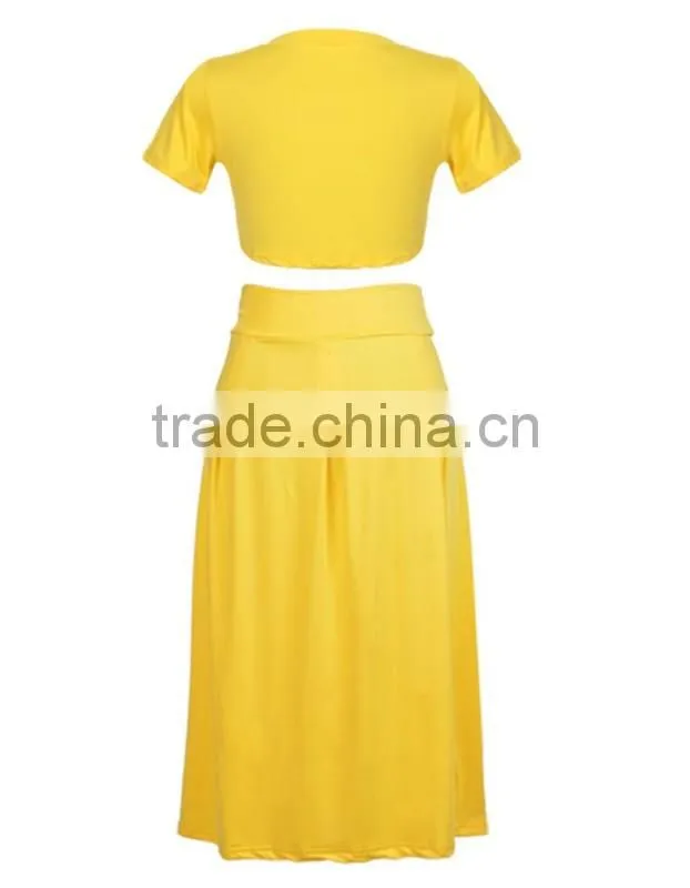 Wholesale 2016 New Fashion Ladies women Dress Elegant Two Pieces Female Dress Summer Women Crop Tops Blouse Pleated yellow Long