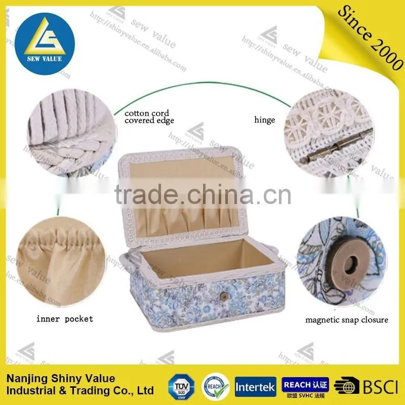 Rural style fabric covered sewing basket made by hand
