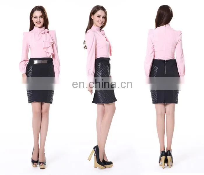 Sweet Color Pink Pleated Long Sleeves Stand Collar Back Zipper Lady Shirts Blouse