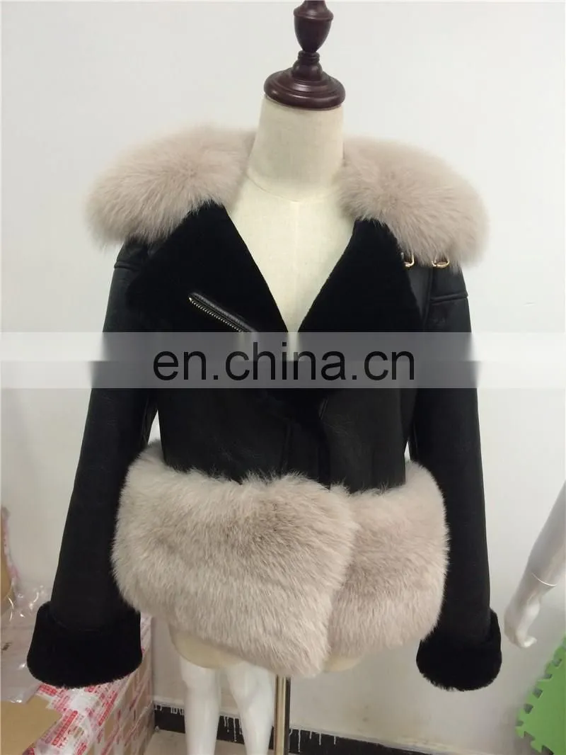 Modern New Style Real Fox Fur Collar Jacket Fashion Mongolian Lamb Skin Fur Coat