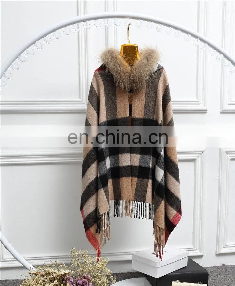Fashion Women Real Raccoon Fur Hood Shawl Wool Cashmere Scarves Shawls