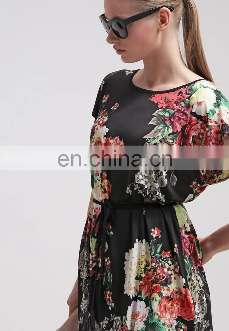 Fashion 2017 Trend Ladies Ice Silk Batwing Sleeve Floral Printed Tunic Top