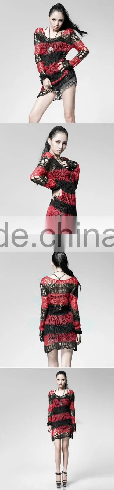 PM-004 Branded Red and Black Fashion Punk Rave Broken Pullover Striped Sweater