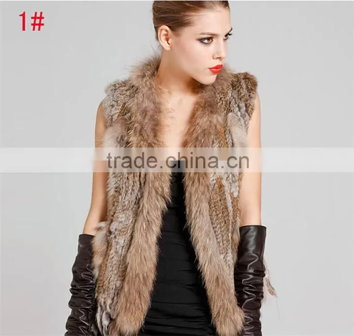 2016 high -end kintted rabbit fur vest with raccoon collar