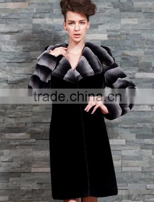 rex14068 hot selling rex rabbit fur coat with chinchilla color sleeves