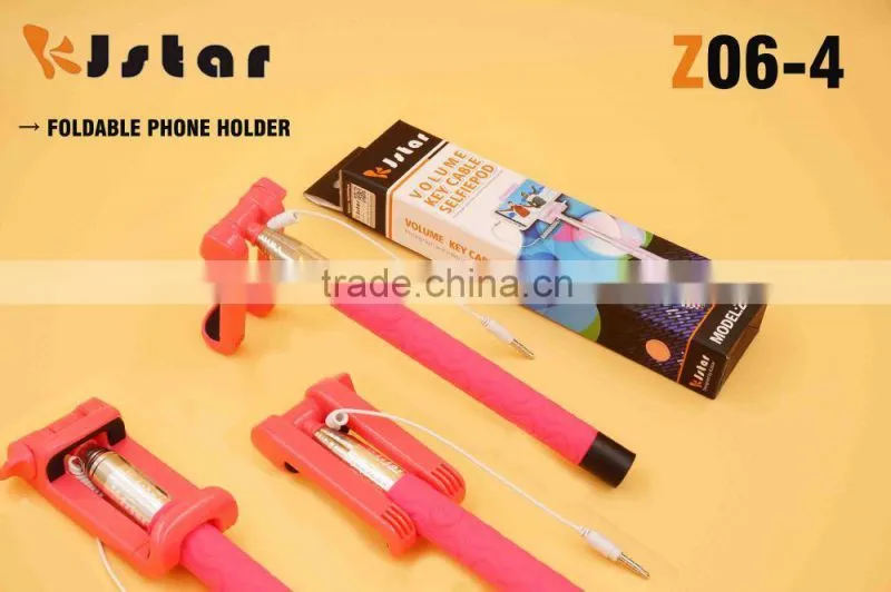 2015 hottest KJstar Z06-4 Volume Key Cable Selfie Stick with foldable designed smart phone clip