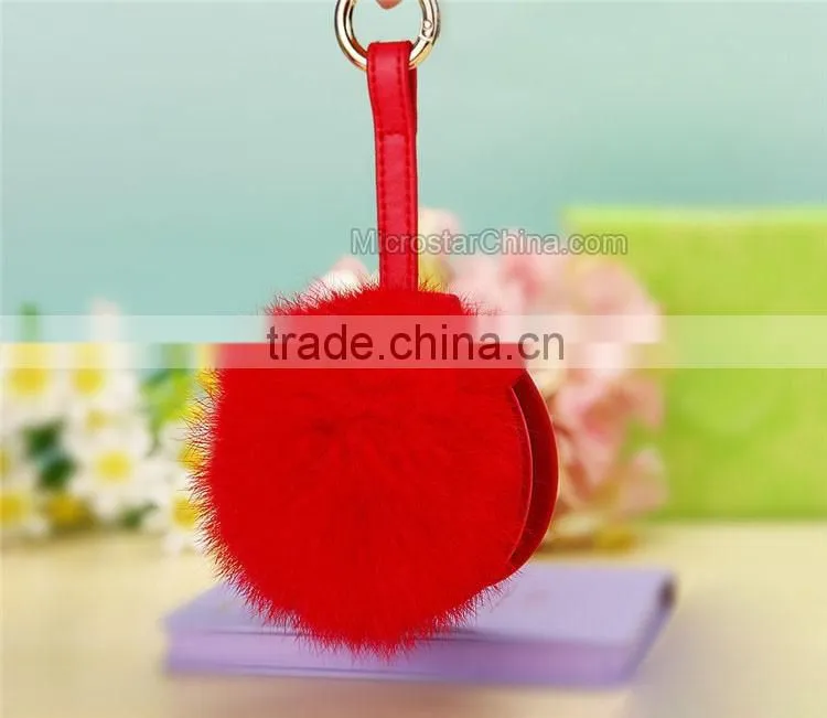 9cm Genuine Rex Rabbit Double Makeup Mirror Keychain Fur Ball Key Chain