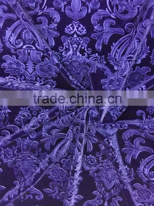 Dark Purple Polyester and Spandex Velvet Fabric 3D Emboss Religion Pattern