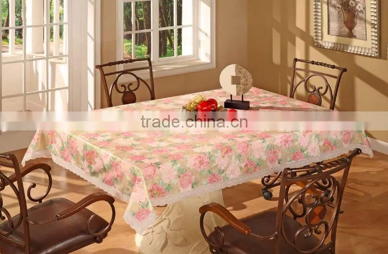 2015 Newest printed floral design pvcplastic table cover with lace/waved/straight edge