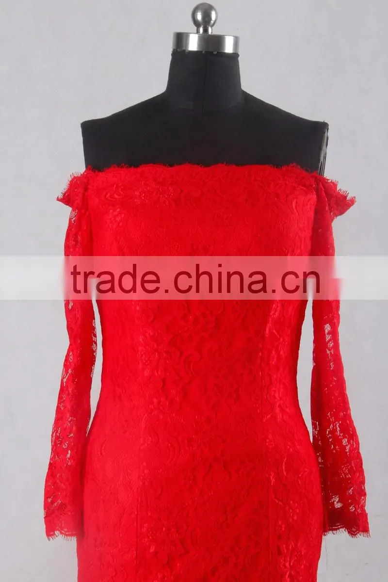 J--0095 red big ass picture of evening dress sexy french lace long sleeve off shulder mermaild wedding dress