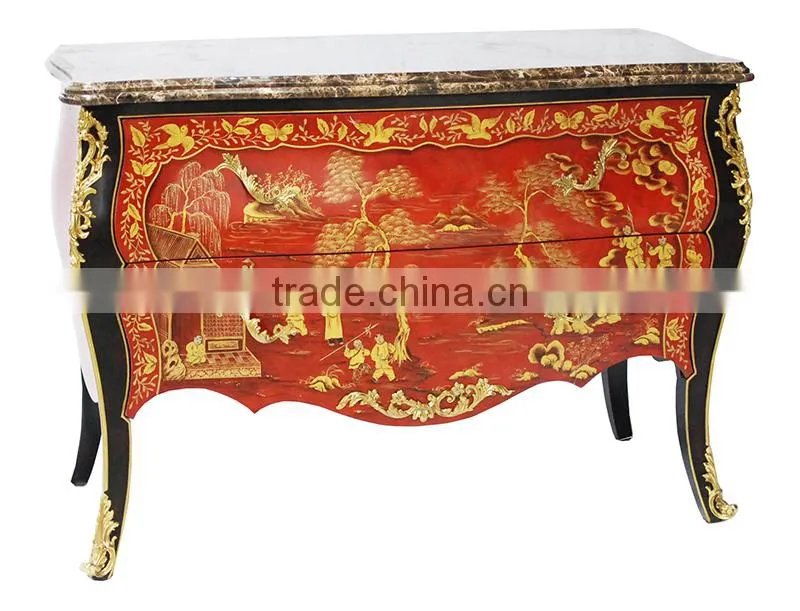 Classico Regency Decorative French Solid Wood Bombe Chest with Precious Golden Brass and Beautiful Chinoiserie Paint BF12-04254b