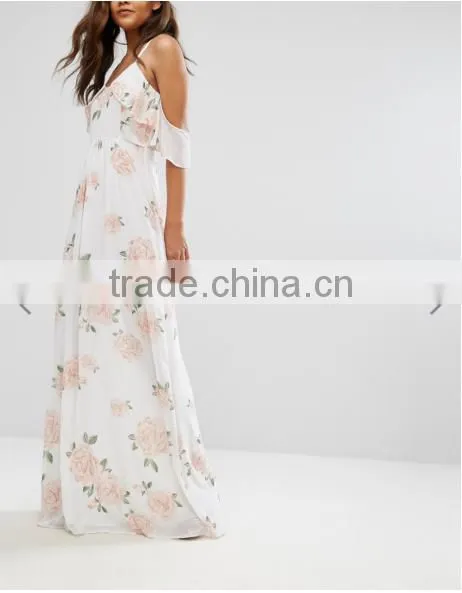 Guangzhou Wholesale Clothing OEM Cold Shoulder Rose Floral Fresh Dresses