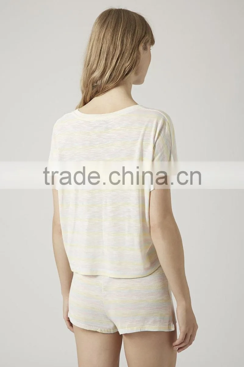 beige Striped Tee and Shorts Set women pajamas