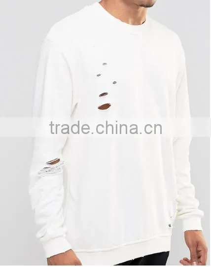 2016 latest design ripped long sleeve for men white t shirt
