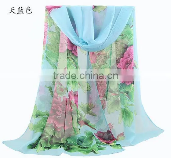 Fashion Women Chiffon Scarf Spring Summer Peony Flower Printing Elegant Lady Shawls Scarves