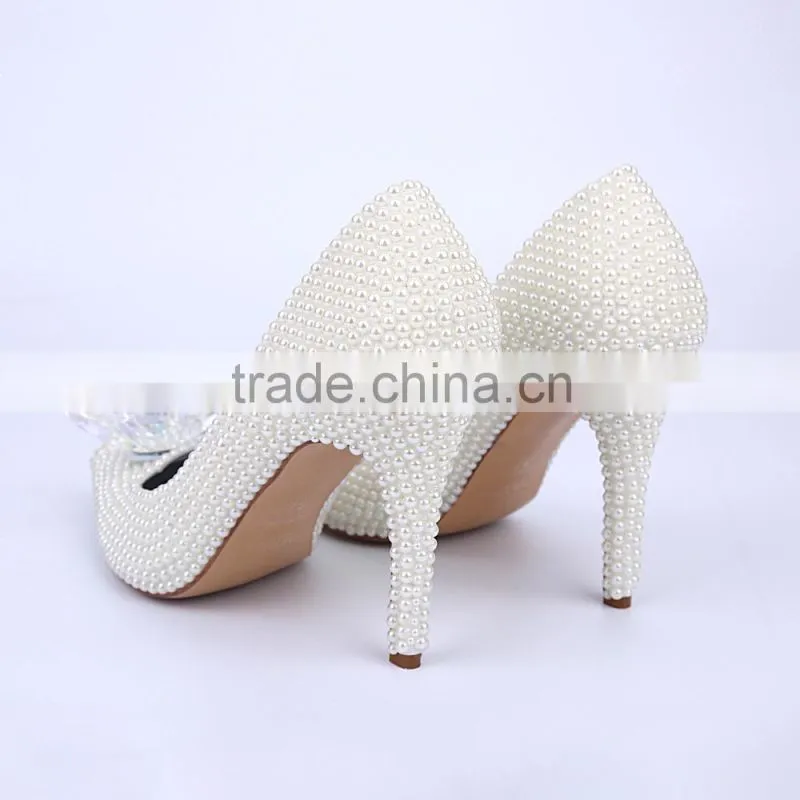 White Pearl Hand Made Wedding High Heel Shoes Most Luxurious Cinderella Dress Shoes High Heels