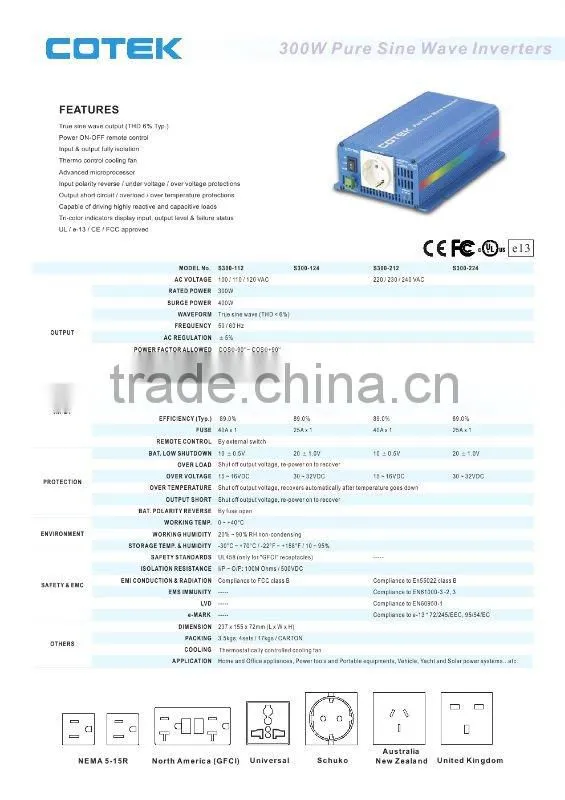 S300-112 COTEK 300w pure sine wave inverters(Low Frequency) 12V/24V/CE UL FCC E13
