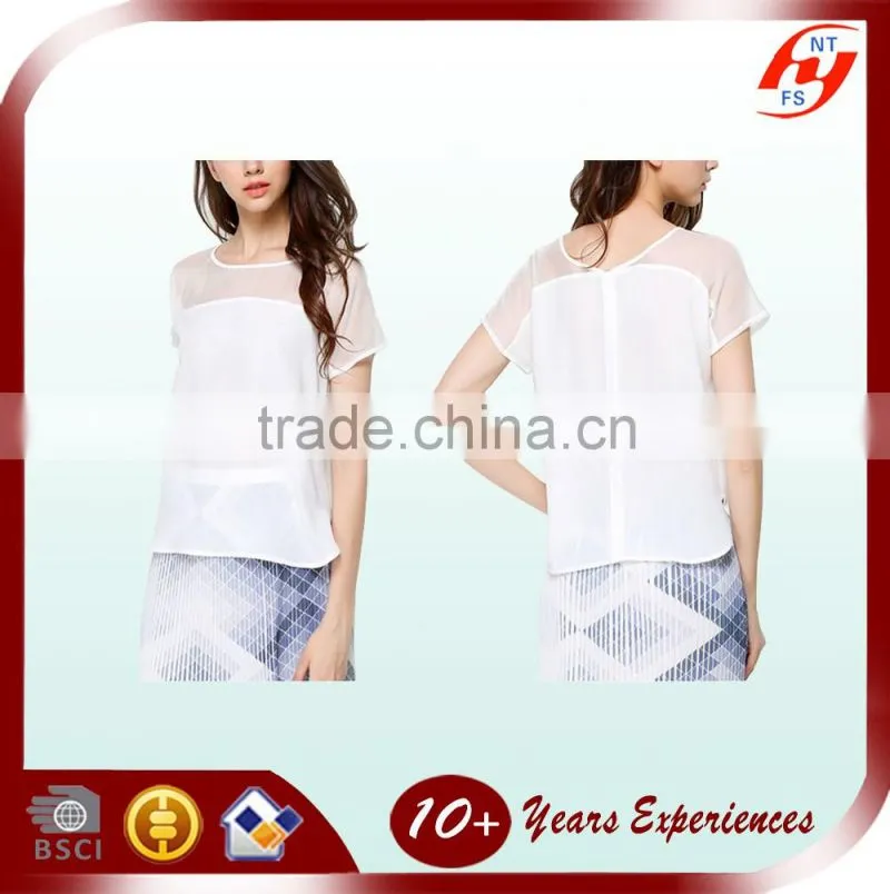 2016 lastest summer custom lady short sleeve polyester blouse woman sexy hollow out white tops