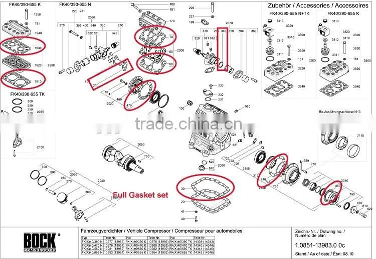 Bock FK40 cylinder head gasket set/pad,type K fk40 complete PTFE Gasket kit,air compressor original gasket repair kit