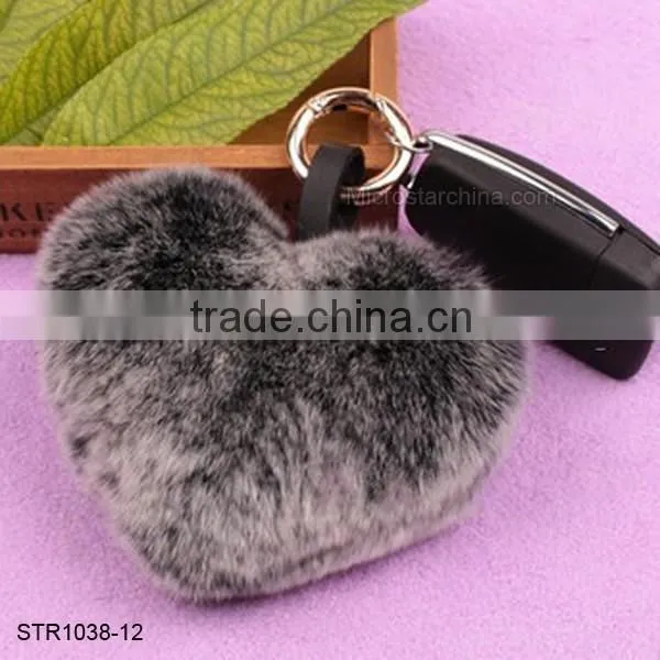Top Quality Real Rex Rabbit Fur Pom Keychain Heart Shape Keychain