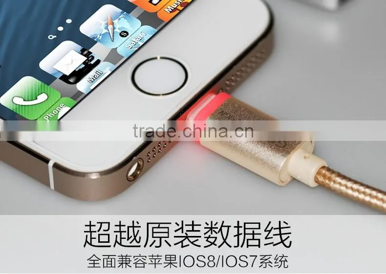 Fast charging and transmission speed LED metal cable ,Golf LED Metal Braided usb cable for Lighting smart phone