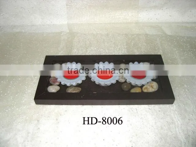 glass candle holder with wooden tray gift set