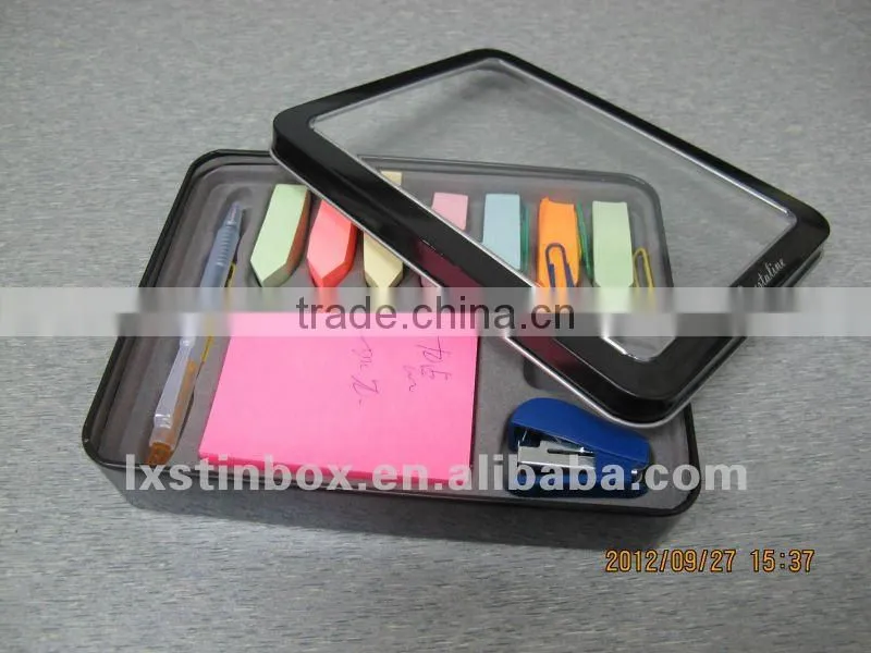 rectangular shape with window for stationary package tin boxes
