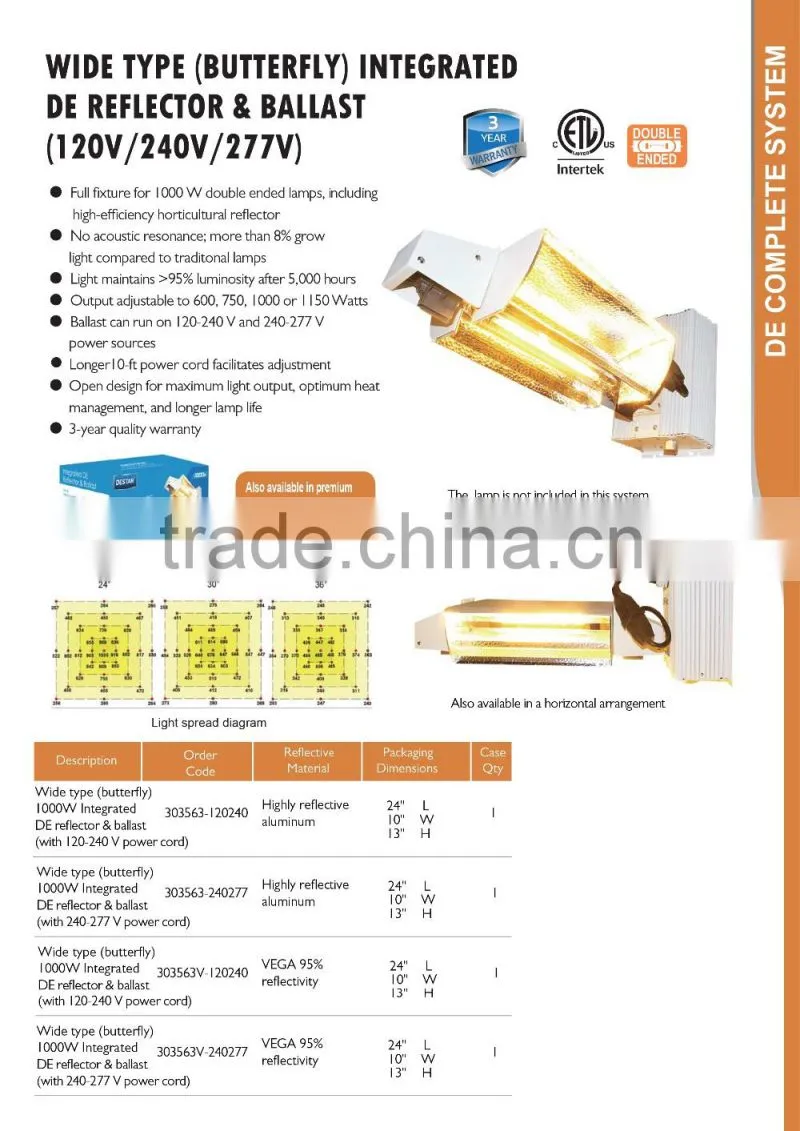 Best VEGA Aluminum Wide Type Integrated 1000w DE Double Ended HPS / MH Grow Light Fixture Reflector