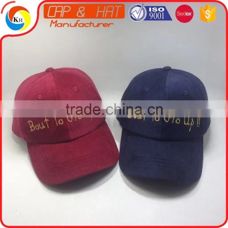 100% Corduroy Fabric Dad Cap Gold Metal Thread Embroidery Baseball Hat