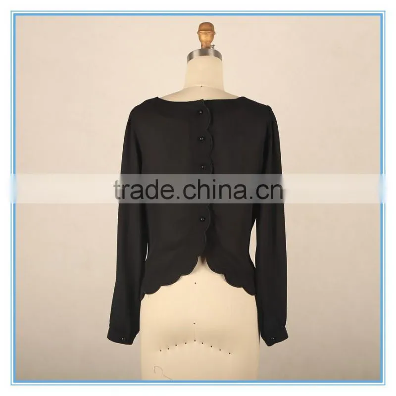 New Design Ladies Back Button Design Petals Hem Long Sleeve Blouse