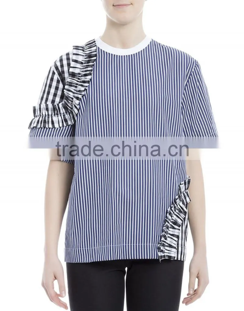 Women's 100% cotton blue striped loose fit t shirt with zipper back