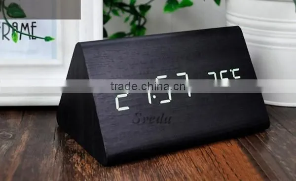 (Crazy Hot Selling)Wholesale Digital Wooden LED Alarm Clock,Wooden Table Clock,sound control Alarm Clock,Triangle wooden clock