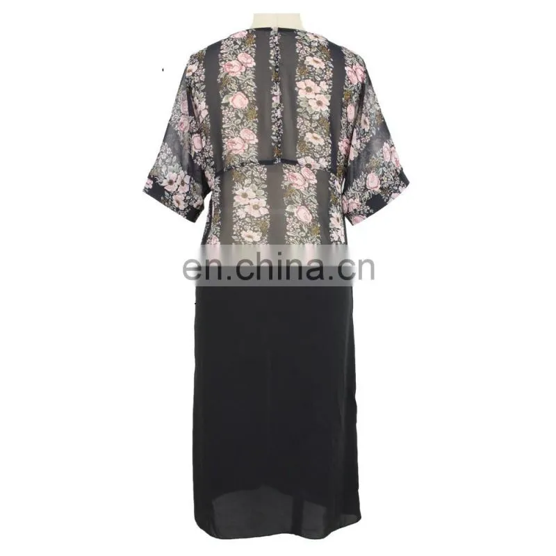 2017 New design Black Floral Embroidered short sleeve V neck chiffon woman dress