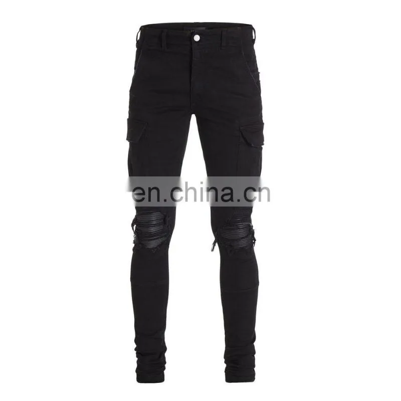 DiZNEW New Stretch Ripped Pleated Knee Patches Cargo Black Jeans men