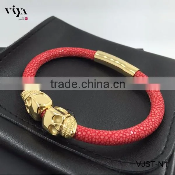 2016 New Arrival Twins Skull Blue Leather Bracelet With 18k Gold For Mens Watches Genuine Stingray Leather Skin