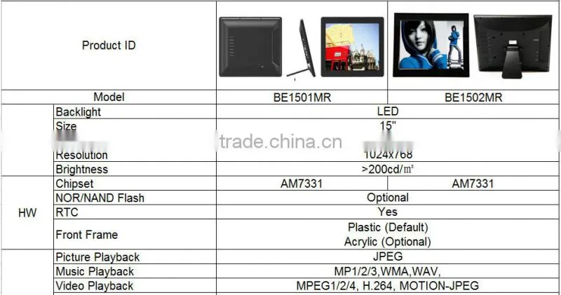 15 inch digital photo frame BE1501MR support photo/ music/video playback