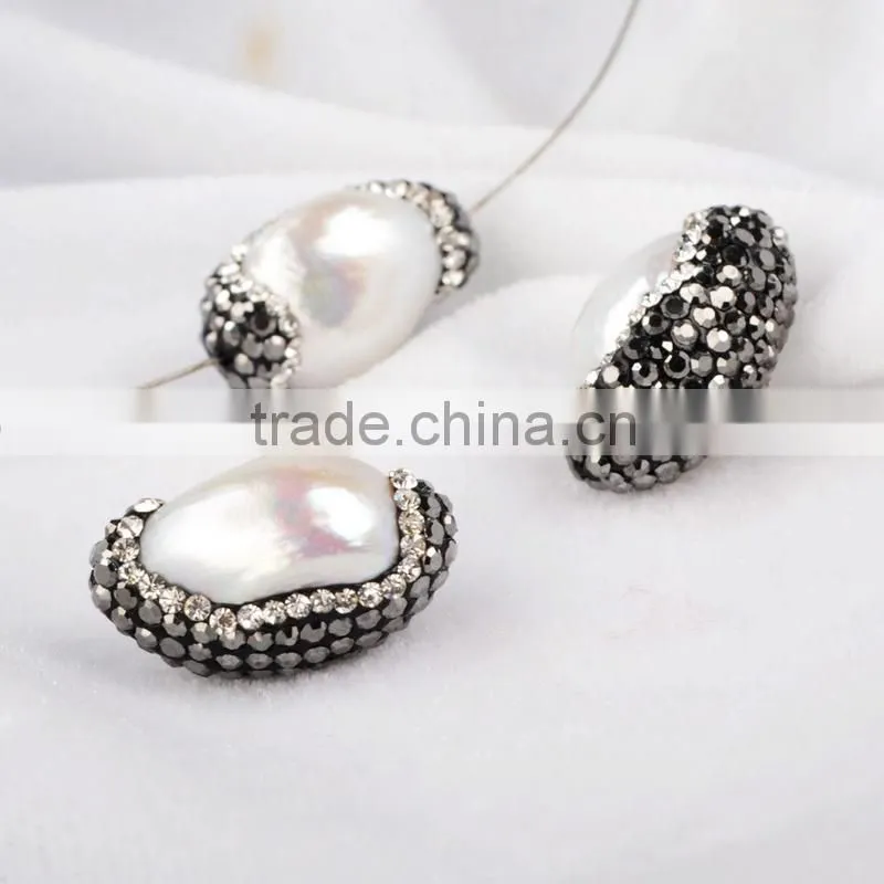 Fresh water pearl jewelry, fashion pearl beads with CZ, zircon pave jewelry beads with hole