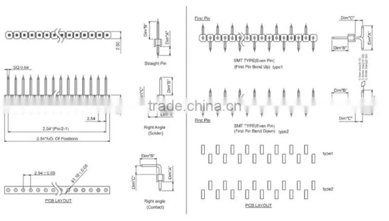 Gold plated straight 2.54mm pitch pin header