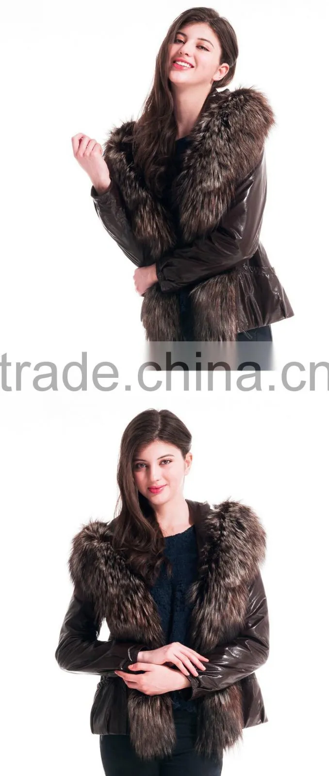2015 New Style Winter Women Short Leather Coat With Belt Silver Fox Hat Overcoat
