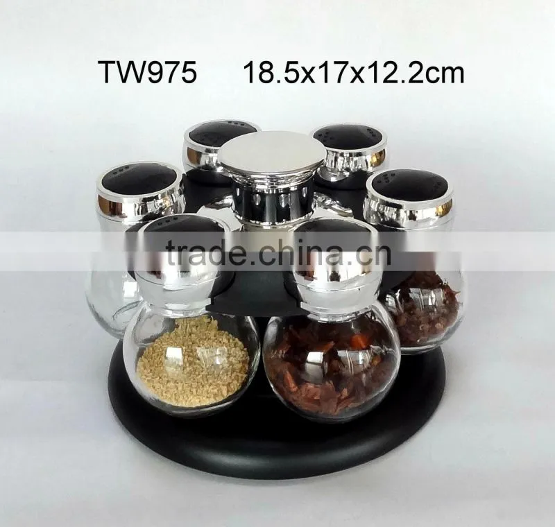 TW947T2 6pcs glass spice jar set with stainless steel casing and plastic stand
