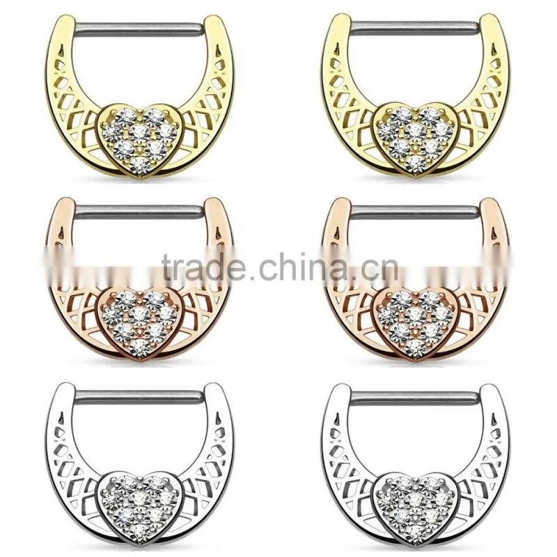 Crystal Paved Heart Nipple Ring Clicker