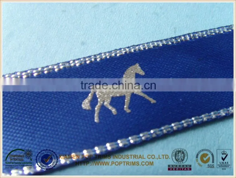 silver foil printed satin ribbon with horse design