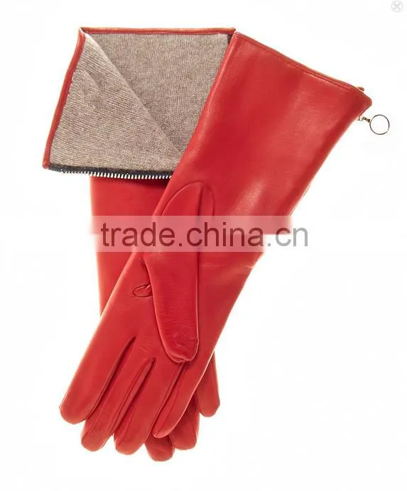 ladies wool lining long wrist color leather hand gloves with zipper