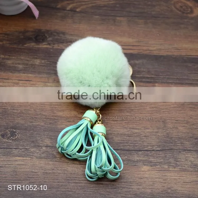 New Leather Tassel Fur Keychain Real Rabbit Fur Pom Pom Key Chain