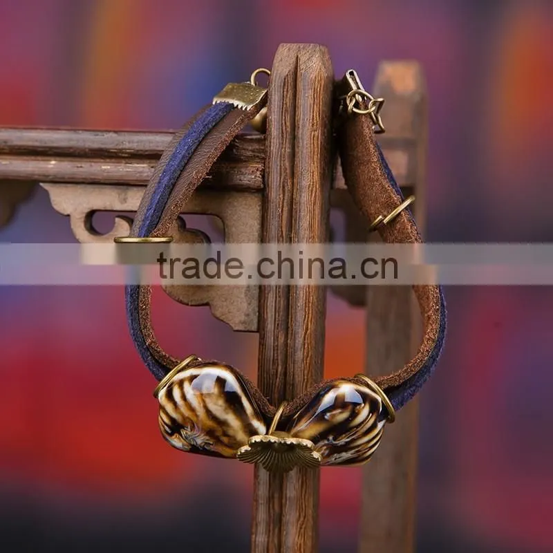 Jingdezhen made handmade leather bracelet ceramic beads bracelet for sales