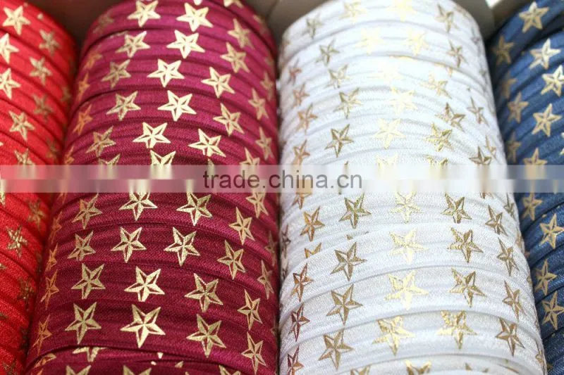 5/8" Fold Over Elastic Red with Gold Stars - Pattern, Metallic, Printed Elastic Band
