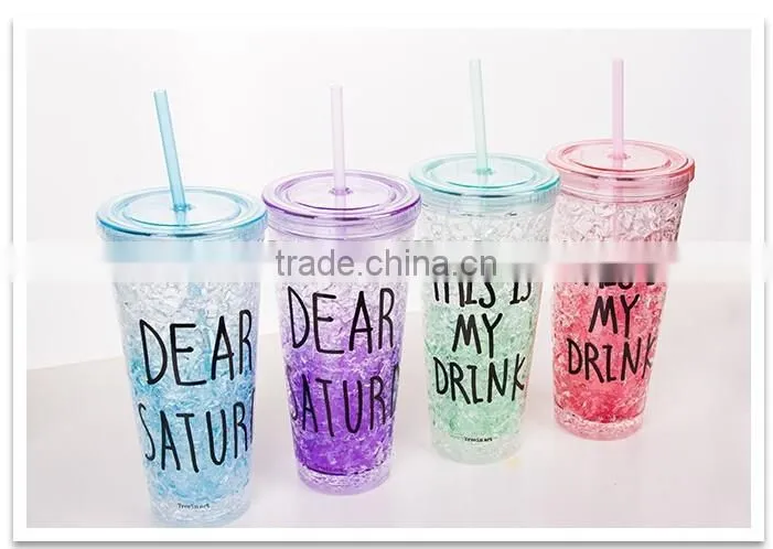 beautiful double wall plastic drinking mug with straw summer ice cup