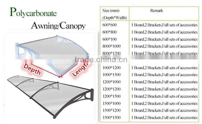 block out rain and sun Polycarbonate sheet awning with sun shield