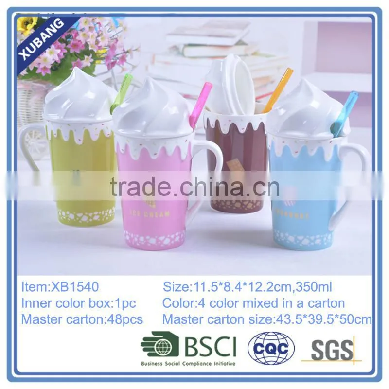 Innovation High quality oem ceramic ice cream coffee mug with handle and straw